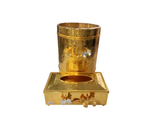 [115/38010256] Dust Bin Tissue Box Golden 